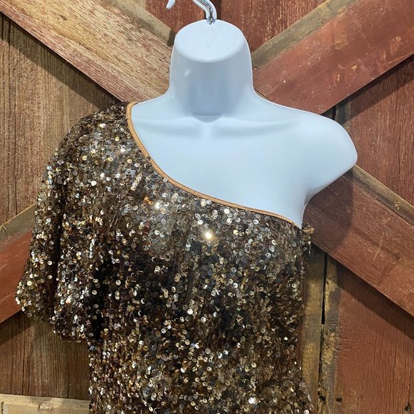 Brown Sequined Mini Dress One Shoulder Size 7 Medium Stretch Short Sleeve - Picture 3 of 13